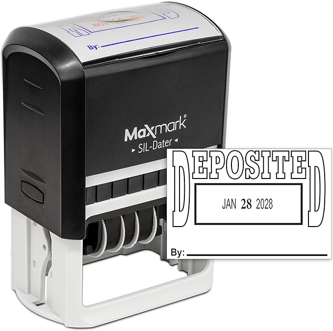 MaxMark Large Self-Inking Rubber Date Office Stamp with Deposited Phrase & Date - Black Ink, 12-Year Band - Style 5