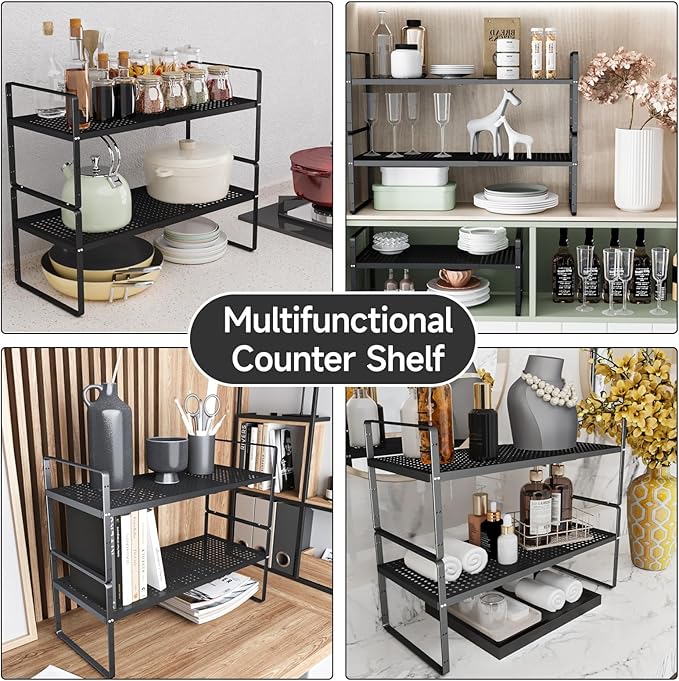 jkxoo 2Pack Expandable Cabinet Countertop Shelves 16.5-27’’L, Adjustable Metal Spice Rack Organizer, Stackable Kitchen Counter Storage Shelves Organizers for Cabinet Organization, Black