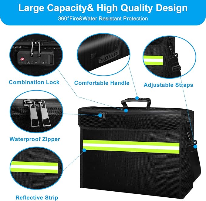 WJTZDZ 6500°F Large Fireproof and Waterproof Document Bag with Lock,10 Layers Insulation Materials&Waterproof Zipper,Removable Folder Layers/Wallet,Reflective Strip for Valuables(16.5”x 12.4”x 5.5”)