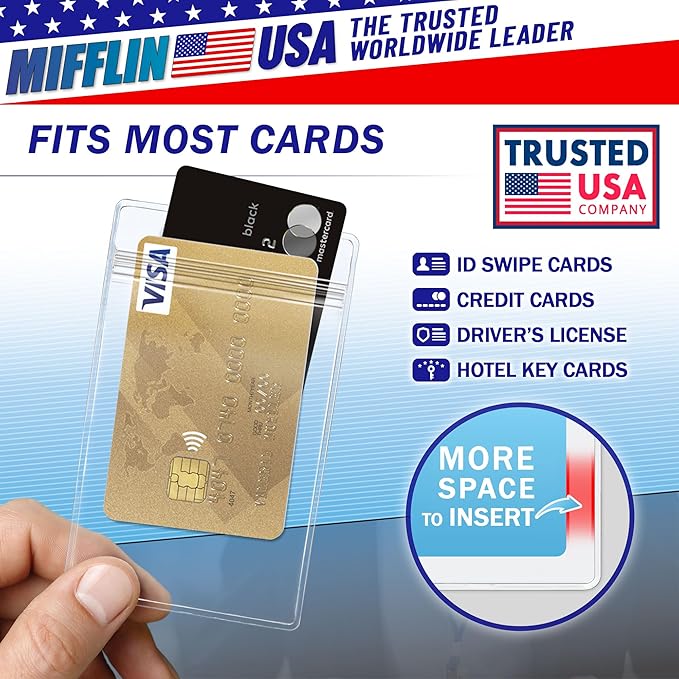 Mifflin-USA Large (L) Vertical ID Badge Holders (Clear, 3x4 inch, 50 Pack), Plastic Nametag Covers with Zipper, Name Tag Holder