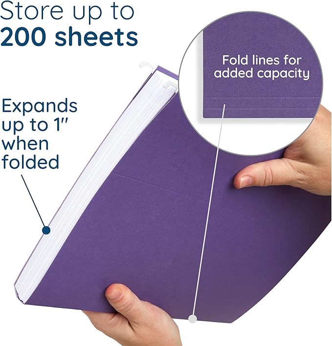 25 Blue Summit Supplies Purple Hanging File Folders - Letter Size, Durable 11pt Paper, Hanging File Folders, Purple, with Plastic Tabs and Inserts Included