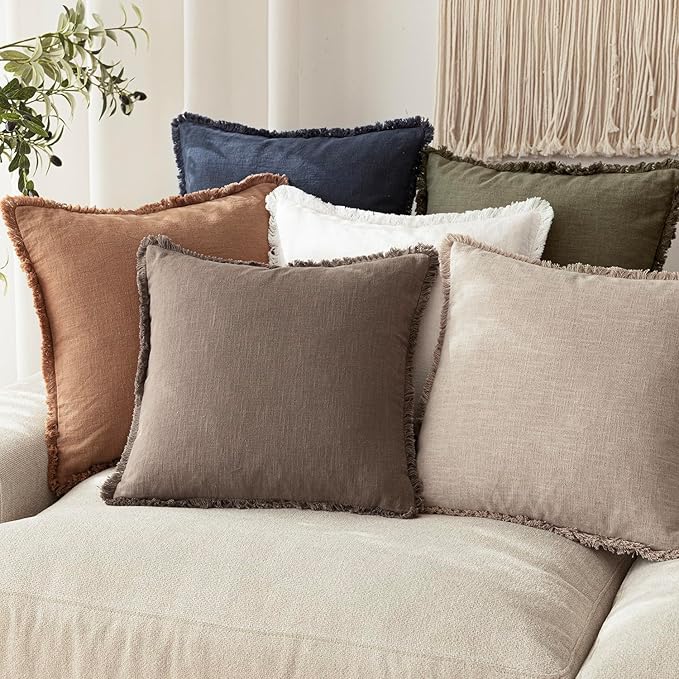 Foindtower Set of 2 Decorative Linen Fringe Throw Pillow Covers Farmhouse Cushion Cover with Tassels Soft Accent Pillowcase for Couch Chair Sofa Bed Living Room Home Decor,24×24 Inch,Natural Linen