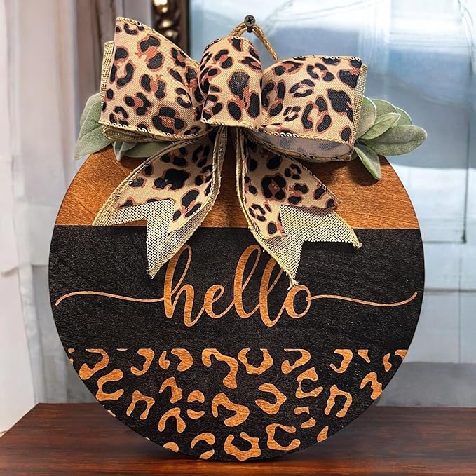 Wood front door sign Wood sign Home decor Welcome sign Sign for front door House warming gift Wedding gift (Hello Cheetah-UV025(A39) S003, 11" Width)