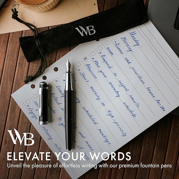 Wordsworth & Black Fountain Pen Set, Medium Nib, Includes 24 Pack Ink Cartridges, Ink Refill Converter & Gift Pouch, Chrome Finish, Calligraphy, [Black Chrome], Perfect for Men & Women