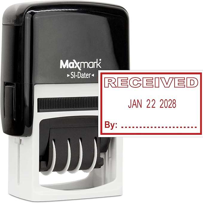 MaxMark Office Self Inking Date Stamp with Phrase Received - Red Ink