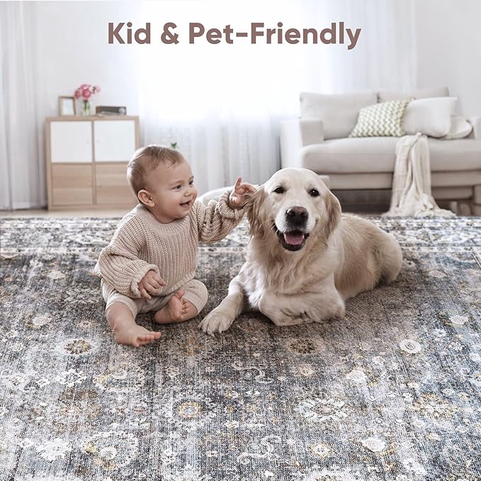 Rugcomf Living Room Rug 6x9 Rug Machine Washable Boho Soft Area Rug Non Slip Vintage Low Pile Large Rug for Living Room, Bedroom, Farmhouse, Dining Room, Kids Playroom(Grey)