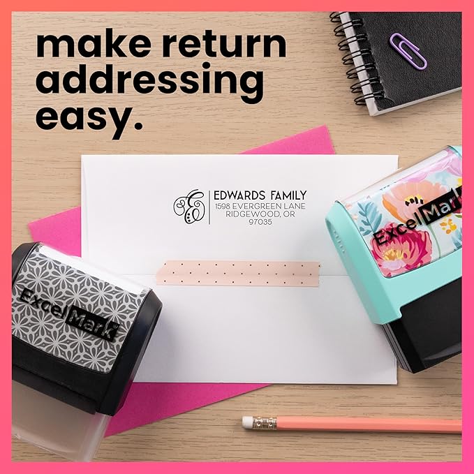 ExcelMark Address Stamp - Custom Return Address Stamp with Elegant Designs, Vibrant Colors & Patterns – Perfect for Mail, Invitations & Gifts (Peach Mount, Script Swirl)