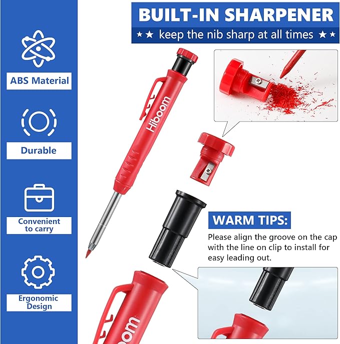 Hiboom 10 Pack Carpenter Pencils Mechanical Set, Construction Pencils with 36 Refill, Automatic Center Punch and Carbide Scribe Tool, Mechanical Pencil for Woodworking, Best Carpenters Marking Tool