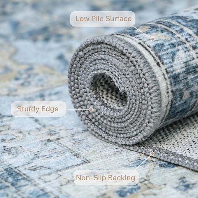 GENIMO Runner Rug 2'6"x12, Non Slip Vintage Hallway Runner Rugs, Low Pile Lightweight Machine Washable Mat for Hallway, Entryway, Bedroom, Kitchen and Corridor, Blue
