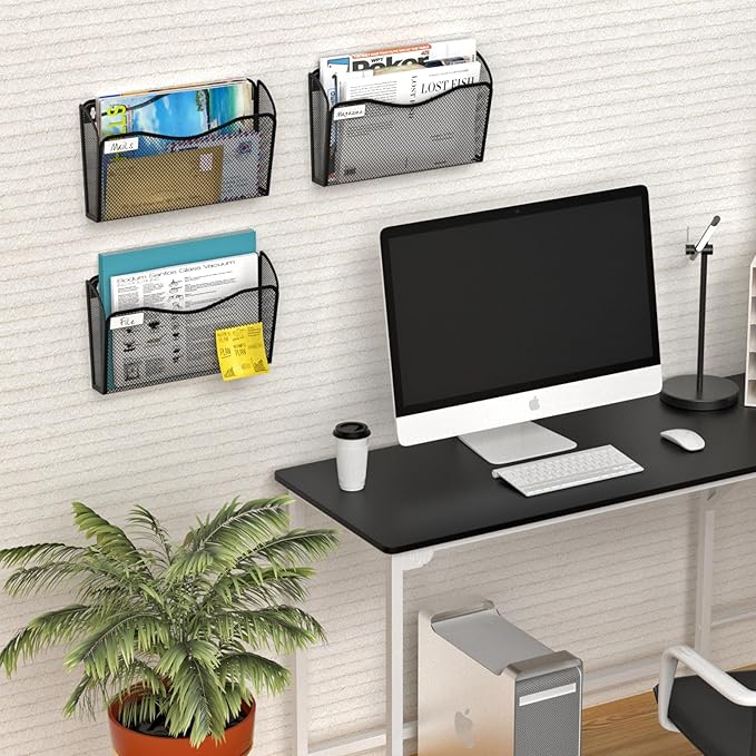 BOHDK Wall File Organizer, Mesh Hanging File Organizer, Home Office Organization and Storage, 3 Single Pockets Document Magazine Rack