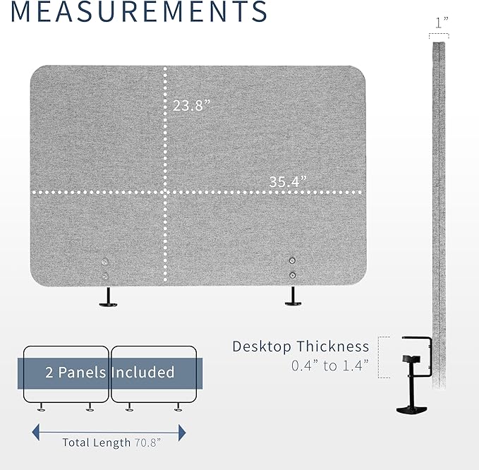 VIVO Clamp-on/Screw-on 71 x 24 inch Privacy Panel System, Sound Absorbing Cubicle Desk Divider, Acoustic Partition, 2 Panels, Gray, PP-2-V072G