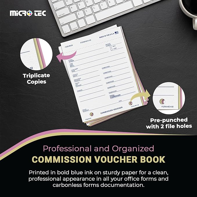 Commission Voucher Book CV-59-3 Part Carbonless Forms, Triplicate NCR Receipt Book, Snap-Out Pre-Punched with File Holes Commission Vouchers, Blue Ink, 4.25 x 5.625 Inch - Pack of 300