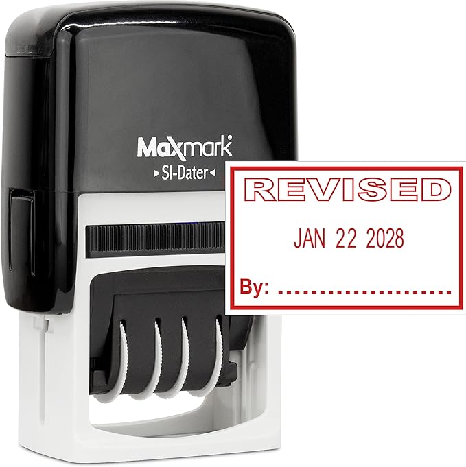 MaxMark Office Self Inking Date Stamp with Phrase Revised - Red Ink