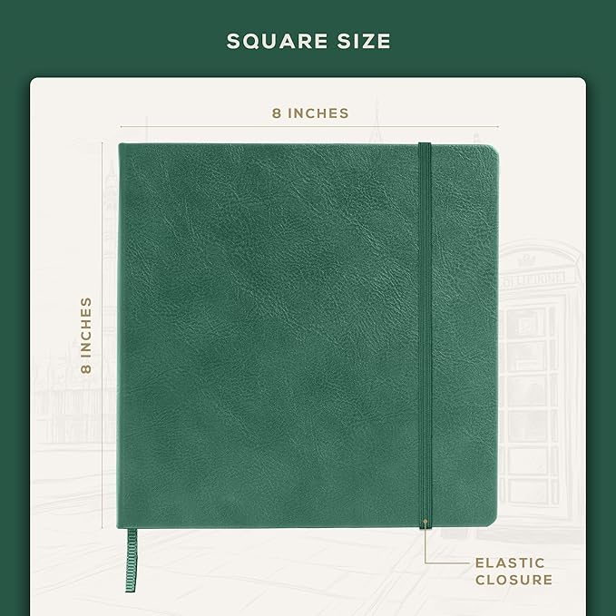 Beechmore Books Square Sketchbook – 8x8 Premium Vegan Leather Bound Large Sketch Book Hardcover with 156 Thick 160gsm Perforated Ivory Pages, Blank Sketch Pad, Gift Boxed Back Pocket, Ribbon Bookmark