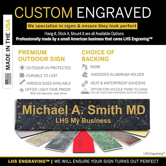 Personalized Name Plate with Choice of Mounting Holders for Walls, Doors, Cubicles, Hanging and More - Custom Charocaol Marble Plastic Gold Letters - USA Made 2x12 - S6