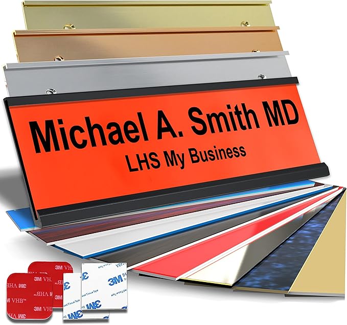 Personalized Name Plate with Choice of Mounting Holders for Walls, Doors, Cubicles, Hanging and More - Custom Orange Plastic Black Letters - USA Made 2x12 - B11
