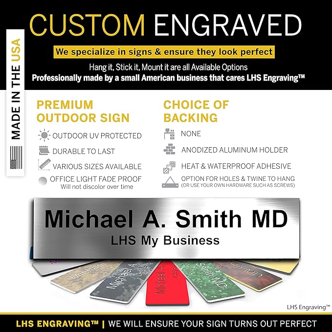 Custom Name Plate with Choice of Mounting for Walls, Doors, Cubicles, Hanging and More - Personalized Brushed Silver Plastic Black Letters - USA Made 2x12 - M1