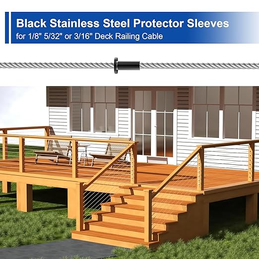 BLIKA 80 Pack Black Stainless Steel Protector Sleeves for 1/8" 5/32" or 3/16" Deck Cable Railing, for Wood/Composite Posts, T316 Marine Grade, Black Cable Railing Protector Sleeves