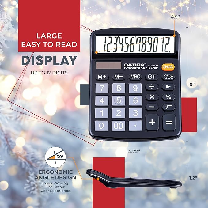 CATIGA 12 Digits Desktop Calculator with Large LCD Display and Sensitive Button, Dual Solar Power and Battery, Standard Function for Office, Home, School, CD-2786