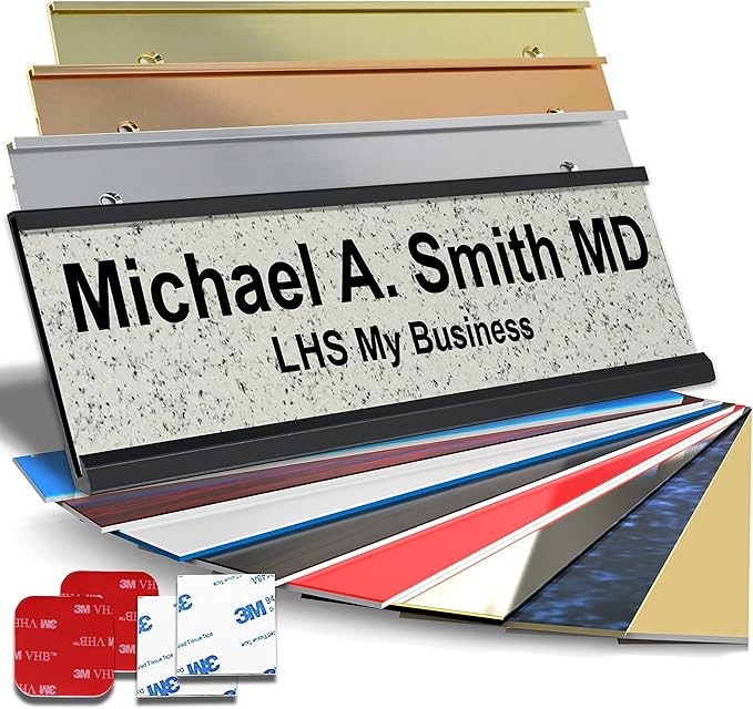 Custom Name Plate for Doors, with Choice of Mounting Holders for Walls, Doors, Cubicles, Hanging and More - Personalized Solarious Stone Plastic Black Letters - USA Made 2x6 - S3