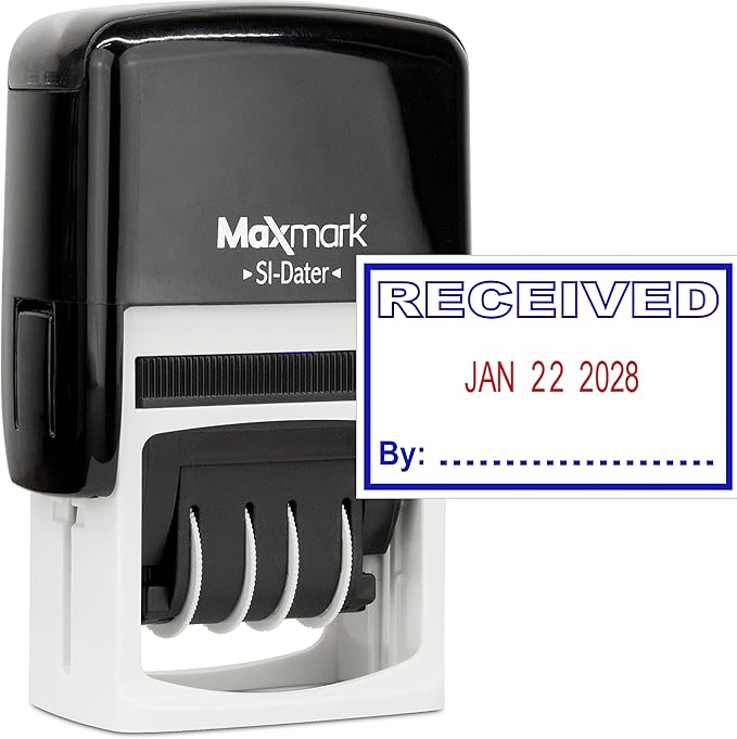 MaxMark Office Self Inking Date Stamp with Phrase Received - 2 Color Blue/Red Ink