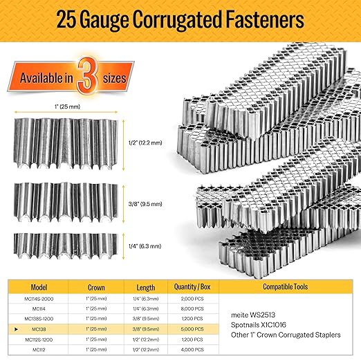 meite Corrugated Fasteners MC138 25 Gauge 1-Inch Crown 3/8-Inch Length Corrugated W Fastener Staples 5000 PCS/Case (1 Case)