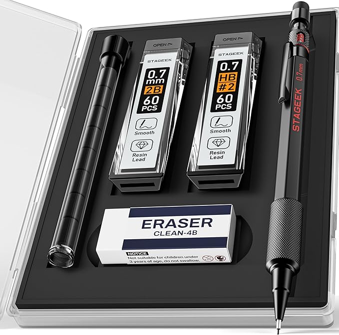 STAGEEK Mechanical Pencils 0.7mm with Case, Metal Weatherproof Body Outdoor Artist Mechanical Pencil with 120 PCS HB & 2B Lead Refills, Eraser, for Writing Drafting Drawing and Sketching