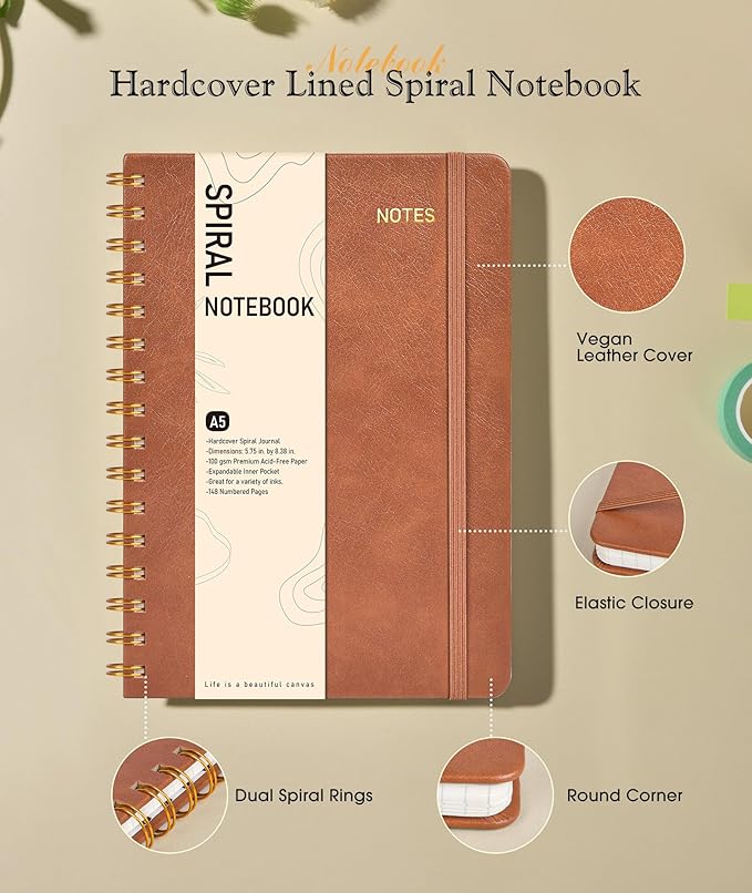 Dotted Spiral Journal Notebook, A5 Hardcover Spiral Journals for Women Men, 100 GSM Dot Grid Paper Notebooks, 150 Pages Spiral Bullet Dotted Notebook for Writing Note Taking 5.75" x 8.38", Brown