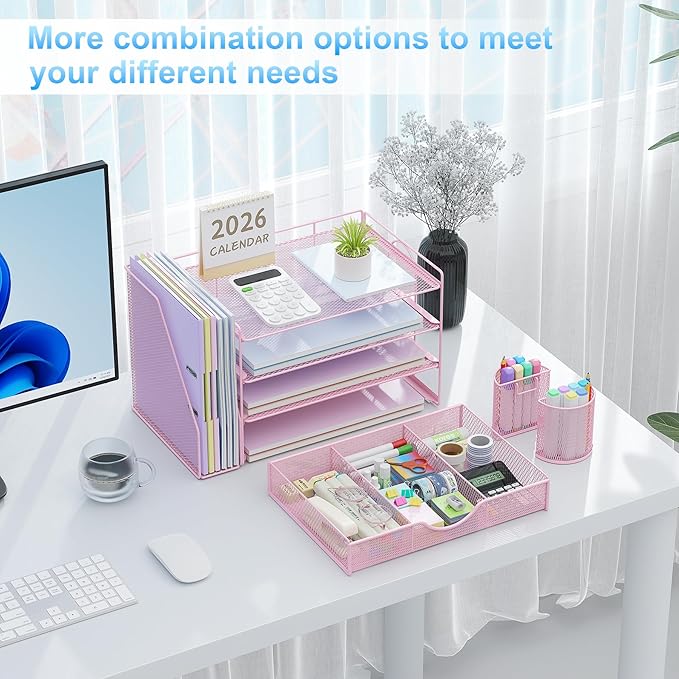 gianotter Desk Organizers and Accessories with File Holder, 4-Tier Desk Accessories & Workspace Organizers with Drawer and 2 Pen Holder, Paper Organizer for Office Supplies (Pink)