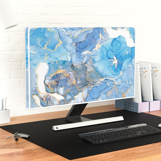 Baocicco Baby Blue Gold Marble Waterproof Screen TV Cover 80 Inch Modern Television Accessories TV LCD Fashion Weatherproof Screen TV Decorations for Tablet LED LCD OLED TVs