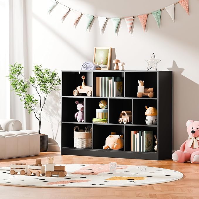 Cozy Castle Black Bookshelf, 3-Tier Open Shelf Bookcase, 10 Cube Storage Organizer with Anti-Tilt Device for Bedroom, Living Room, 55.11" W x 11.61“D x 40.94“H