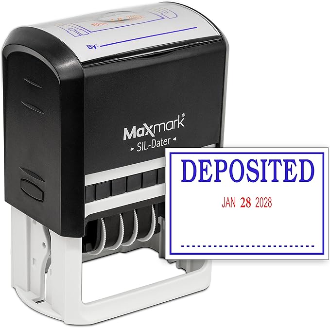 MaxMark Large Self-Inking Rubber Date Office Stamp with Deposited Phrase & Date - Blue/Red Ink, 12-Year Band - Style 3