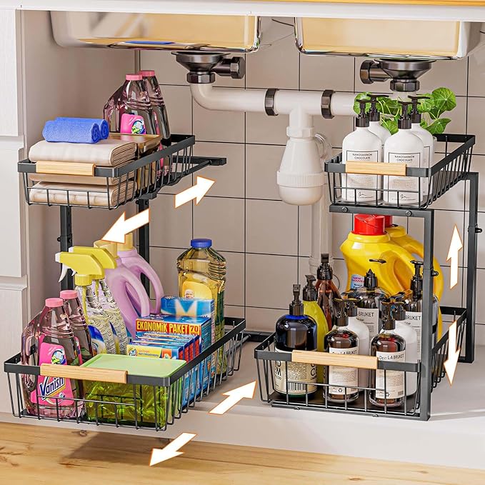 Dihmpor Under Sink Organizer and Storage, 2 Pack Slide Out Under Cabinet Storage Pull Out Sink Shelf Cabinet Storage Shelves, Undersink Organizers for Kitchen Bathroom Cabinet