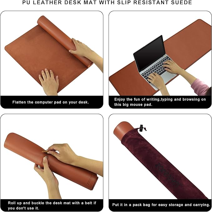 ZORESYN XL Large Desk Pad (47.2" x 15.8") - PU Leather Office Desk Mat for Keyboard and Mouse - Waterproof Surface with Nonslip Base - Light Brown Extended Mouse Pad for Home & Office