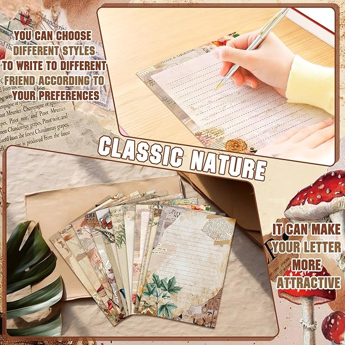 TaoBary 160 Pcs Stationery Paper Set 50 Double Sided Stationery Papers with 50 Matching Envelopes and 60 Round Dot Sticker, 10 Design(Nature Vintage Style,5.5 x 8.25 Inch)