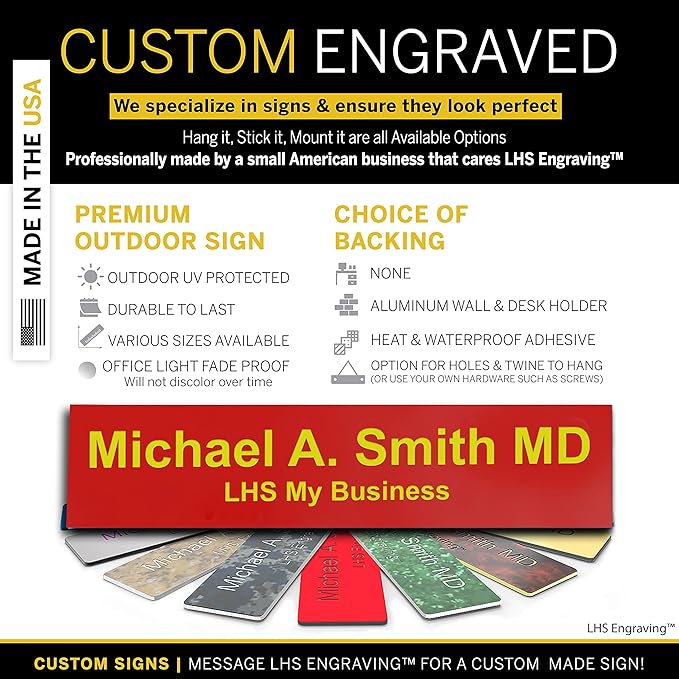 Door Name Plate Personalized for Office Red Plastic Name Plate with Yellow Letters - Made in USA 2x4 B22