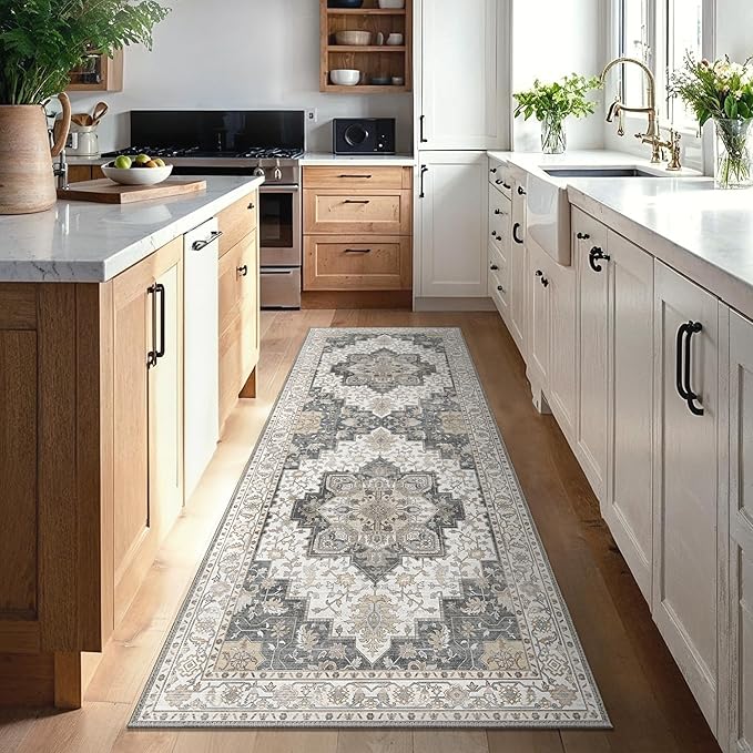GENIMO 2'6''x10 Runner Rugs for Hallway, Machine Washable Non Slip Vintage Rugs, Low Pile Lightweight Soft Print Rug for enrtyway, Corridor, Home Office, Kitchen, Heathered Grey