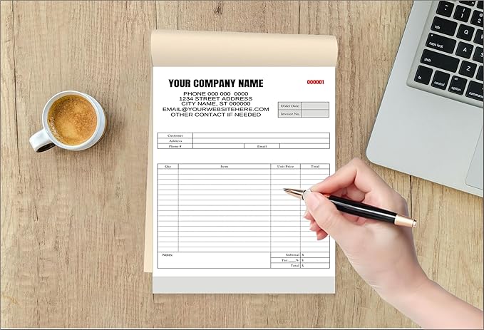 Custom Carbonless Invoice Book with Logo, Personalized Cover & Inner Pages, 2 Part NCR Receipt & Work Order Forms, Easy Tear, Writing Shield for Small Business (Upload Your Design, 7.48 x 5.12INCH)