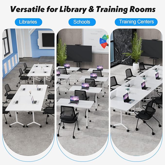 Goakwwuz Conference Room Table, Folding Conference Tables,Thicken Grey Tabletop,Flip Top Wooden Seminar Meeting Room Table for Conference Room Offices (2, White, 55.1”)