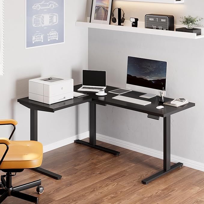 FLEXISPOT L Shaped Standing Desk, 63 x 47 Inch Electric Height Adjustable Corner Desk, Sit Stand Computer Workstation, Preset Controller, Home Office, Black Frame with Black Top