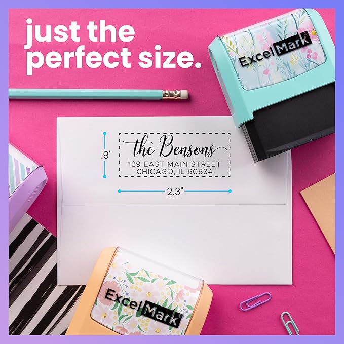 ExcelMark Address Stamp - Custom Return Address Stamp with Elegant Designs, Vibrant Colors & Patterns – Perfect for Mail, Invitations & Gifts (Seafoam Mount, Signature Script)