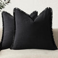 Foindtower Set of 2 Decorative Linen Fringe Throw Pillow Covers Cozy Boho Farmhouse Cushion Cover with Tassels Soft Accent Pillowcase for Couch Sofa Bed Living Room Home Decor, 26×26 Inch, Black