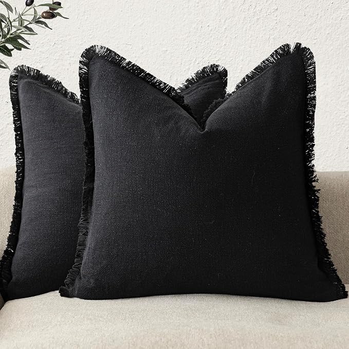 Foindtower Set of 2 Decorative Linen Fringe Throw Pillow Covers Cozy Boho Farmhouse Cushion Cover with Tassels Soft Accent Pillowcase for Couch Sofa Bed Living Room Home Decor, 24×24 Inch, Black