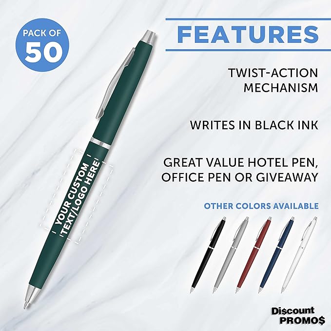 DISCOUNT PROMOS Custom Langham Ballpoint Pens Set of 50, Personalized Bulk Pack - Black Ink, Great for Office, School, Business, Tradeshows - Hunter Green