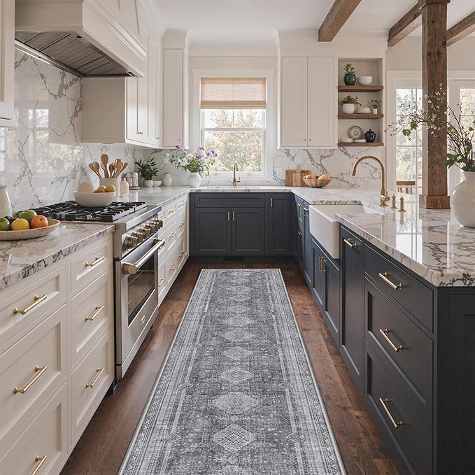 GENIMO Runner Rug 2x10 Non Slip Machine Washable Hallway Runner Rug, Low Pile Lightweight Rugs for Entryway, Hallway, Kitchen and Corridor, Vintage Grey
