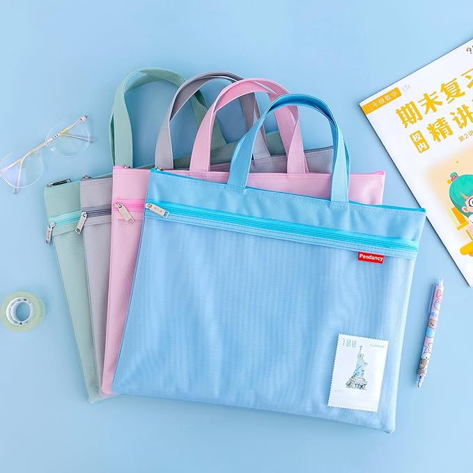 Pendancy Mesh Zipper Pouch 11x13.7 in, 2 pcs Large Double Pocket Waterproof File Bag with Handle, A4 Size Foldable Document Storage for Puzzle Project/Cross Stitch/Travel/Office（Blue Green）