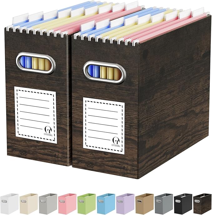 Oterri Cardboard File Organizer Box for Hanging File Folders Letter Size,File Box for Computer Desk,File Cabinet,Working Home,Office,Classroom (Brown Wood Grain Print, Letter Size - 2 Packs)