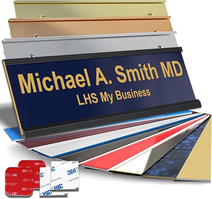 Custom Name Plate with Choice of Mounting for Walls, Doors, Cubicles, Hanging and More - Personalized Navy Blue Plastic Gold Letters - USA Made 2x12 - B10