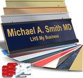 Custom Name Plate for Doors, with Choice of Mounting Holders for Walls, Doors, Cubicles, Hanging and More - Personalized Navy Blue Plastic Gold Letters - USA Made 2x6 - B10