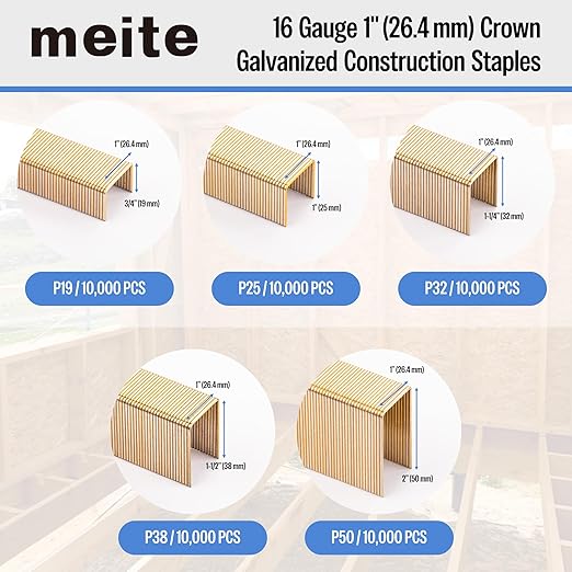 meite 16 Gauge 1-Inch Wide Crown Staples 1-1/2'' Leg, Galvanized P-Type Heavy Duty Construction Staples for Stapler Gun - Roofing Subflooring House-Wrap, Strong Holding & Tear-Resistance, 10,000 PCS